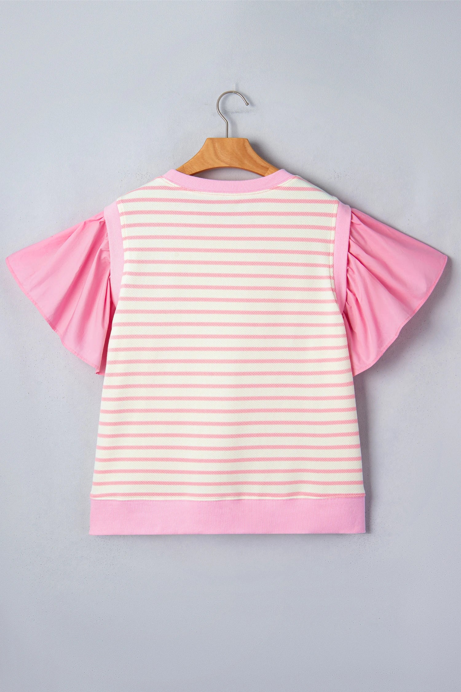 Pink striped colorblock ruffle short sleeve blouse by Modern Grace, featuring patchwork design and feminine styling.