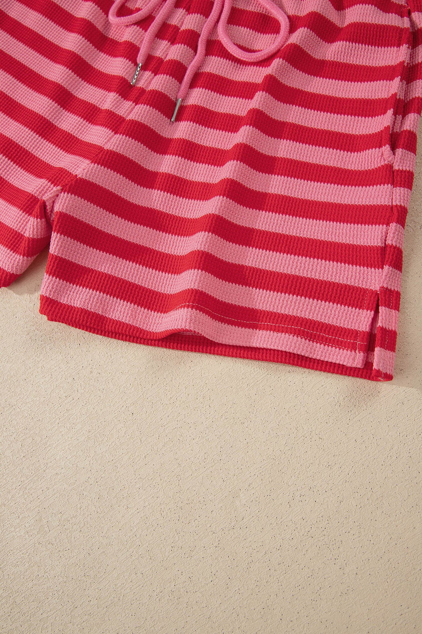 Modern Grace red stripe waffle knit puff sleeve top and shorts set, two-piece casual outfit with stylish puff sleeves and relaxed fit.