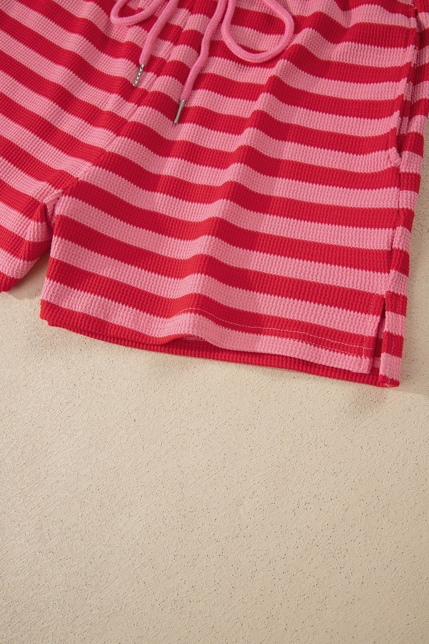 Modern Grace red stripe waffle knit puff sleeve top and shorts set, two-piece casual outfit with stylish puff sleeves and relaxed fit.