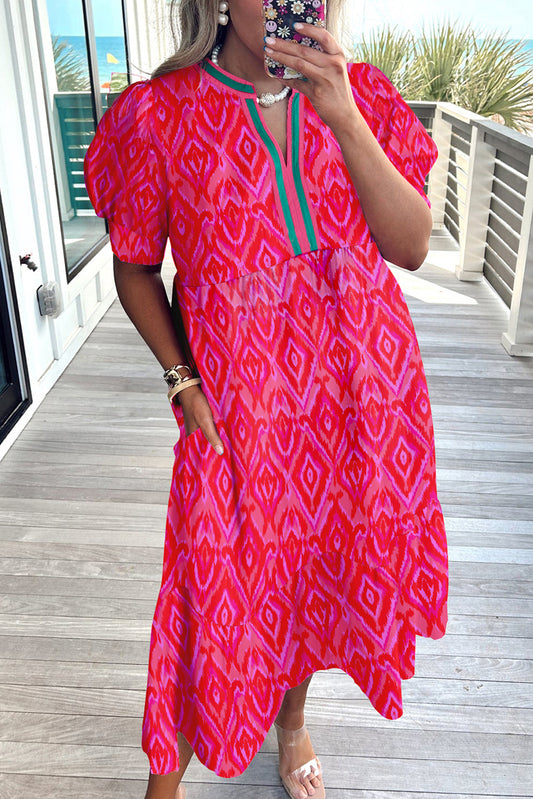 Watermelon Split Neckline Short Puff Sleeve Curvy Dress