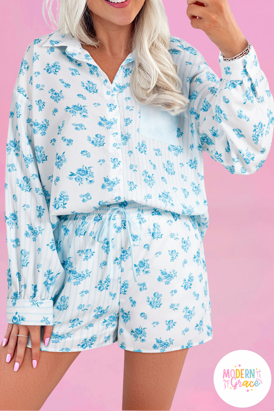 Sky Blue Floral Striped Print Contrast Patched Pocket Shirt and Shorts Set  (Warehouse Exclusives)