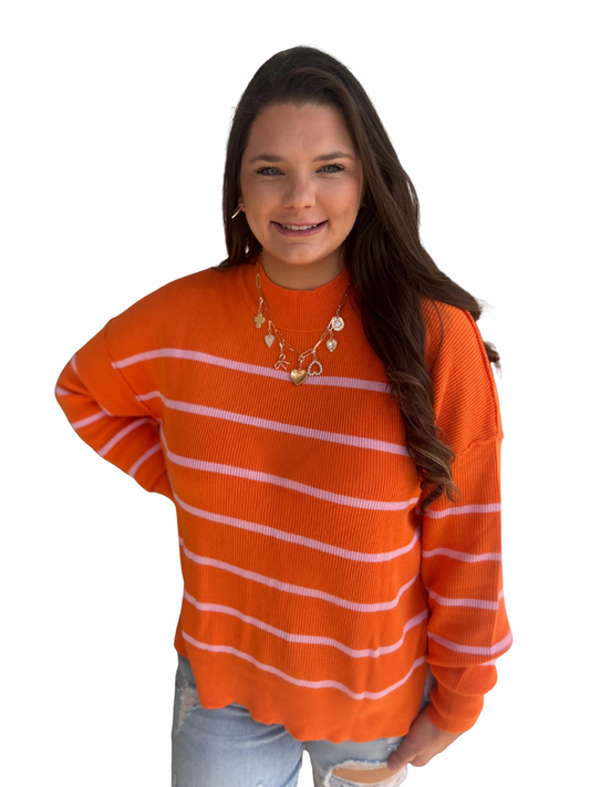 Orange Stripe Ribbed High Neck Drop Shoulder Sweater