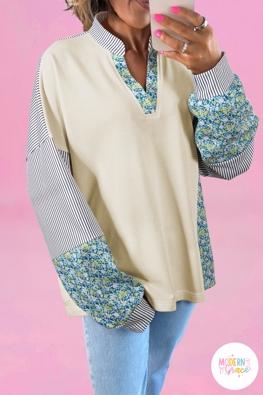 Beige Floral Striped Drop Sleeve Collared Boxy Fit Sweatshirt (Warehouse Exclusives - Online only)
