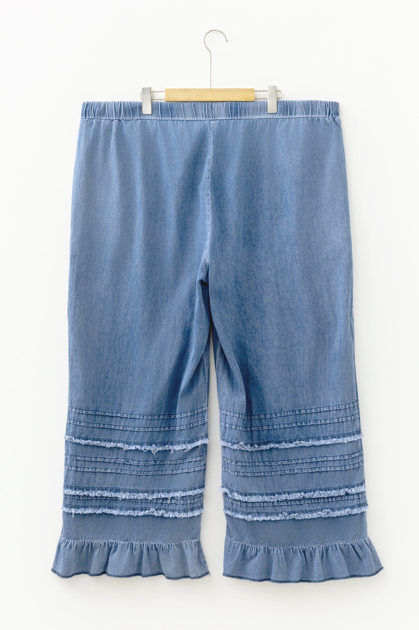 Curvy Blue Tiered Raw Edge Ruffled Plus Size Wide Leg Denim Pants
