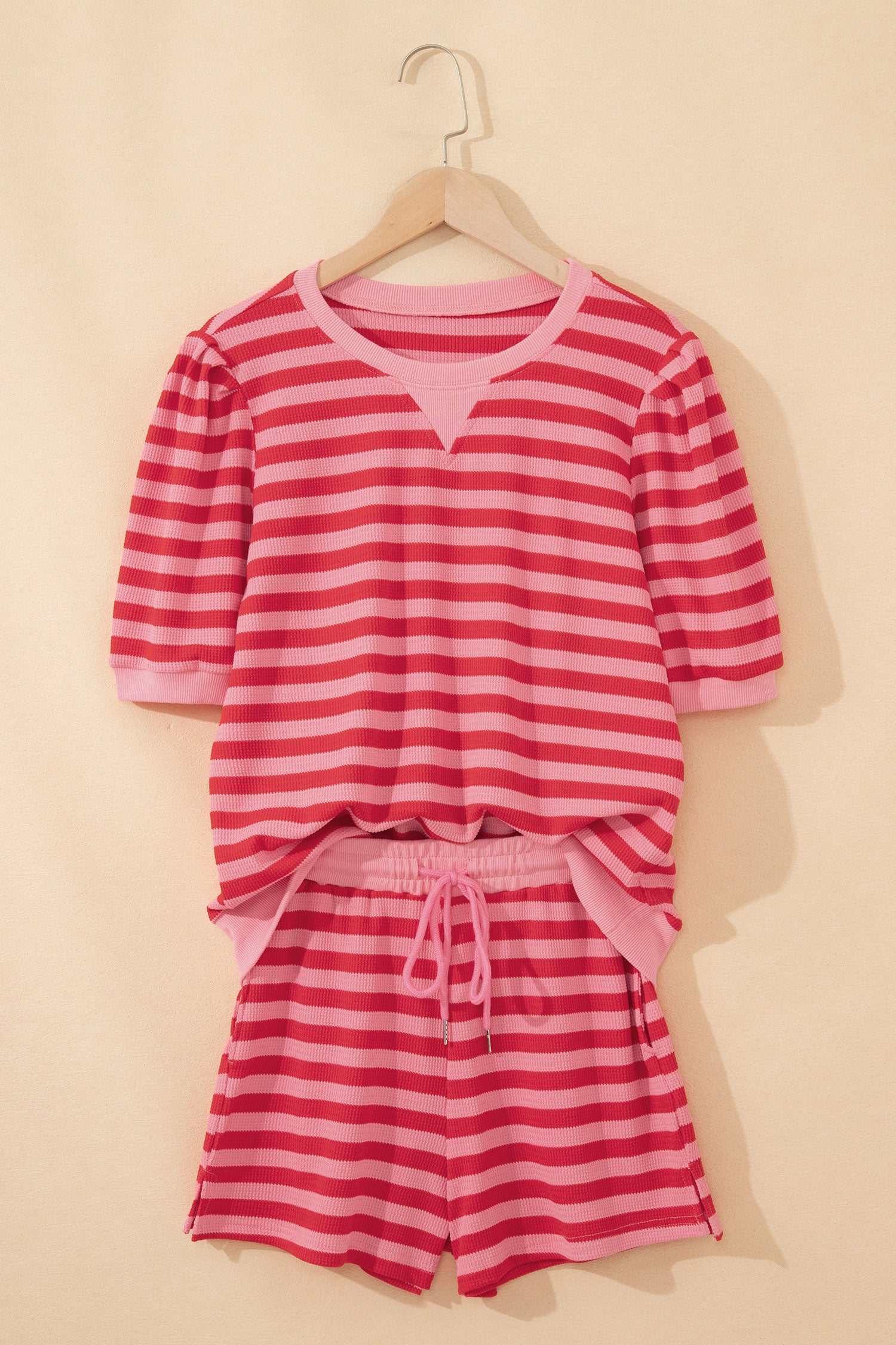 Modern Grace red stripe waffle knit puff sleeve top and shorts set, two-piece casual outfit, stylish and comfortable for everyday wear