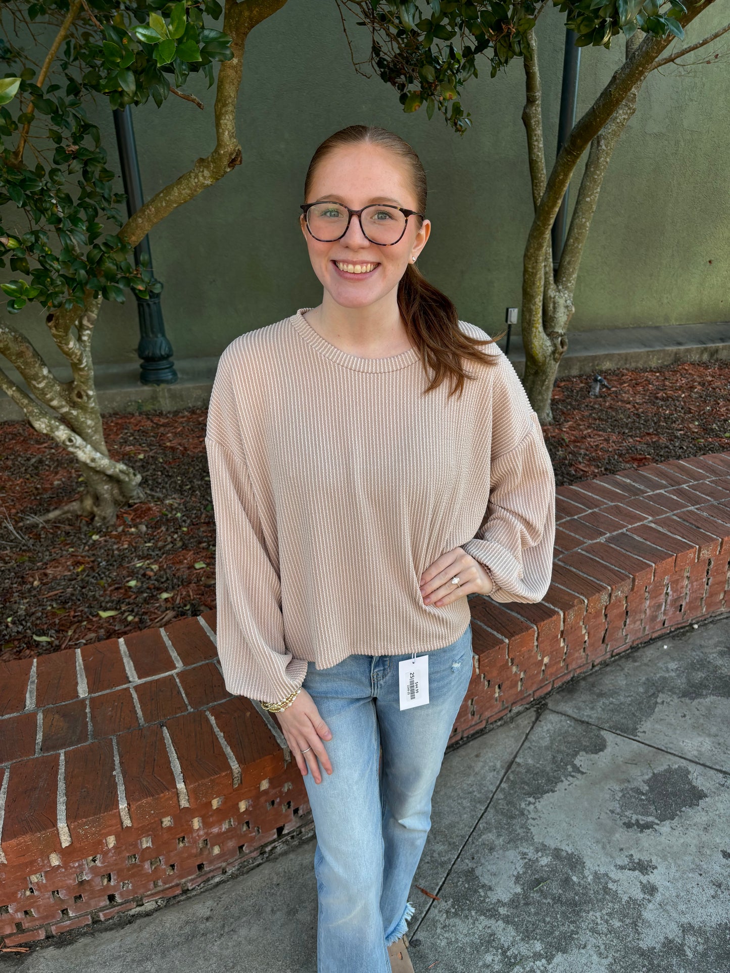 Beige Ribbed Textured Long Sleeve Top