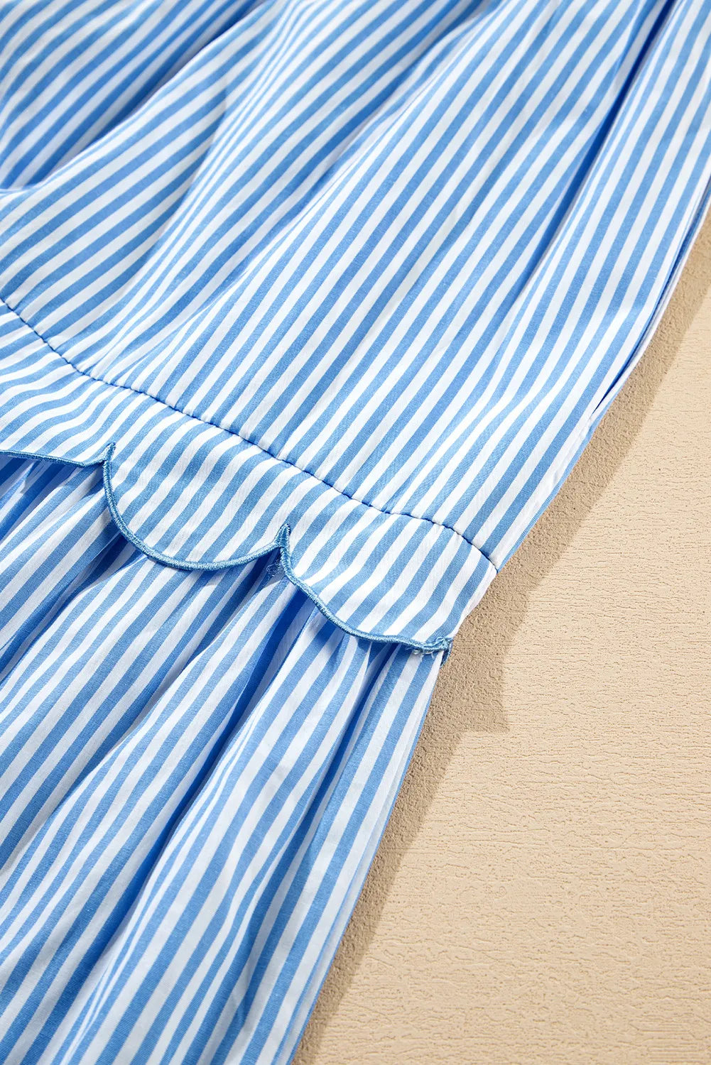 Sky blue stripe bubble short sleeve tiered scallop long dress by Modern Grace, featuring a flowy silhouette and scalloped hem.