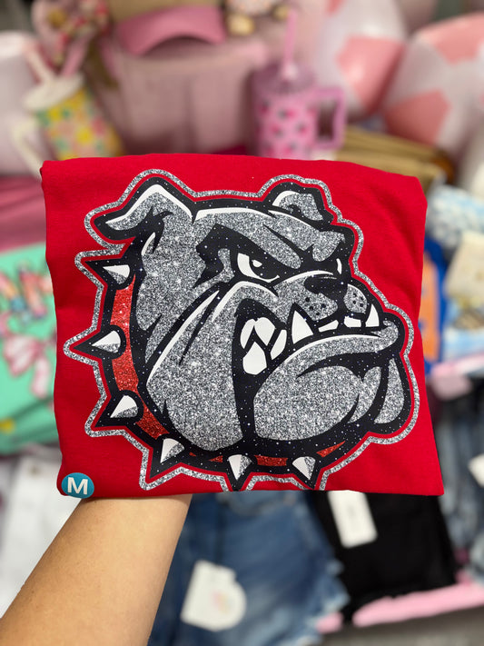 Red and black Georgia Bulldog short sleeve T-shirt by Modern Grace featuring team logo and sporty design.