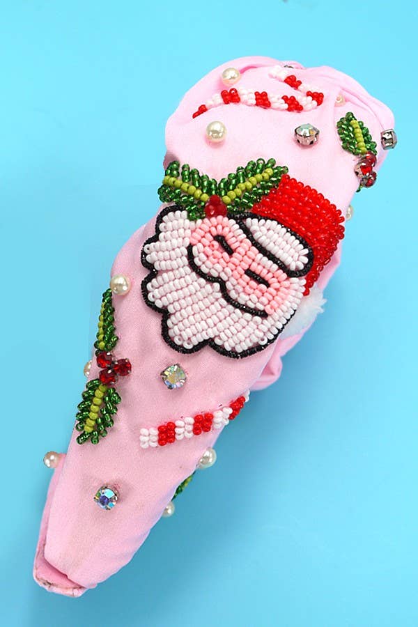 PINK SANTA CLAUS CHRISTMAS HOLIDAY SEED BEAD HEADBAND