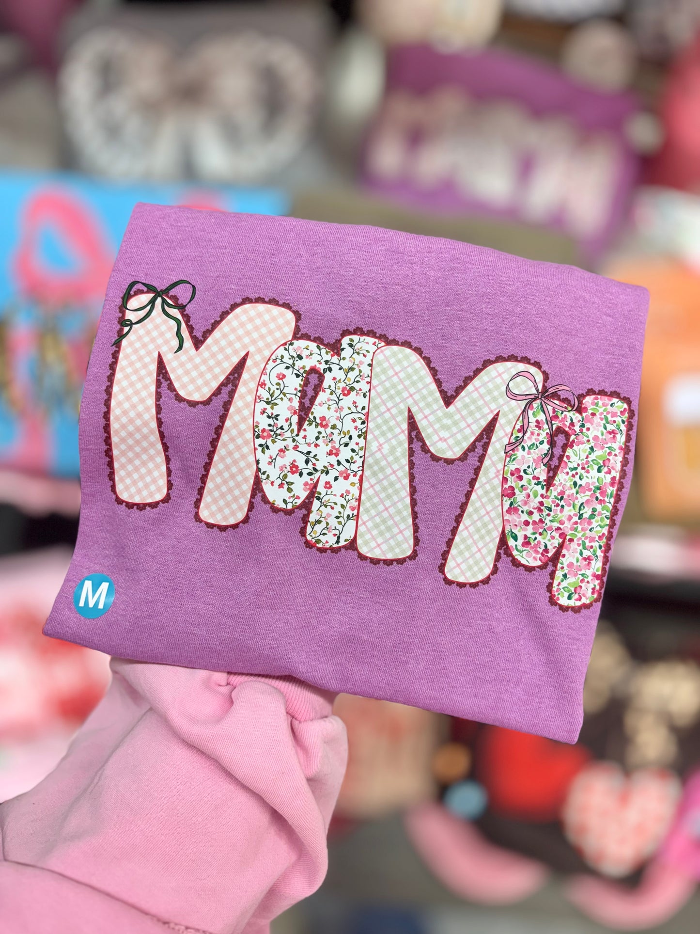 JTH Mama Floral Gingham Letter Bow Short Sleeve T-Shirt