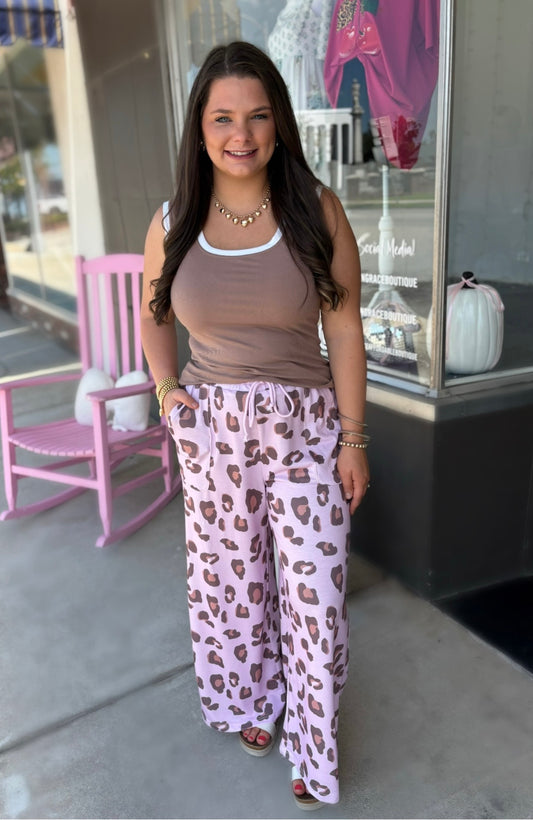 Pink Drawstring Leopard Print Pants