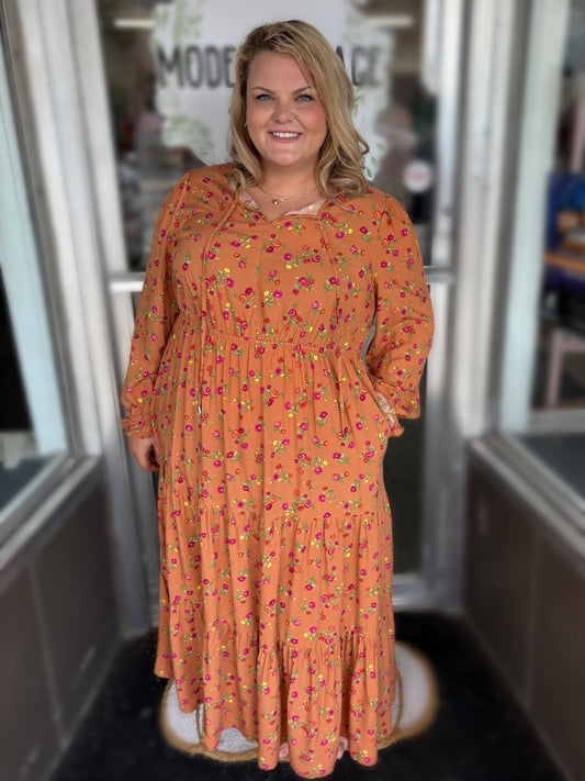 Curvy Brown Floral Split V Neck Ruffled Sleeve Tiered Maxi Dress