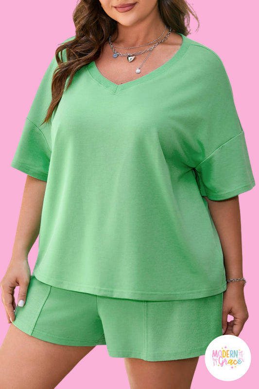 Mint Green Plus Size V Neck Tee Patched Pocket Drawstring Shorts Set (Warehouse Exclusives)