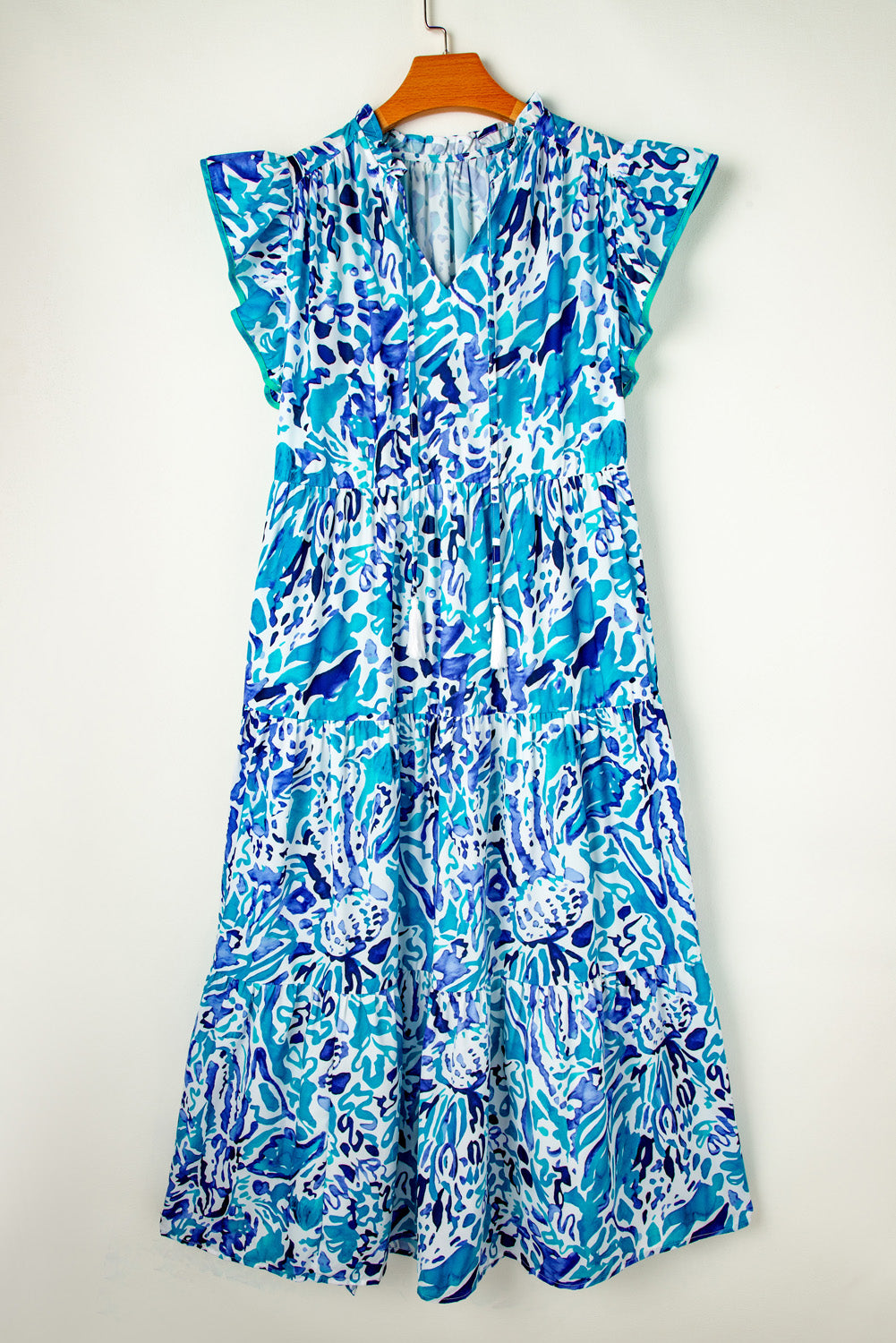 BLUE ABSTRACT RUFFLED SLEEVE MAXI DRESS