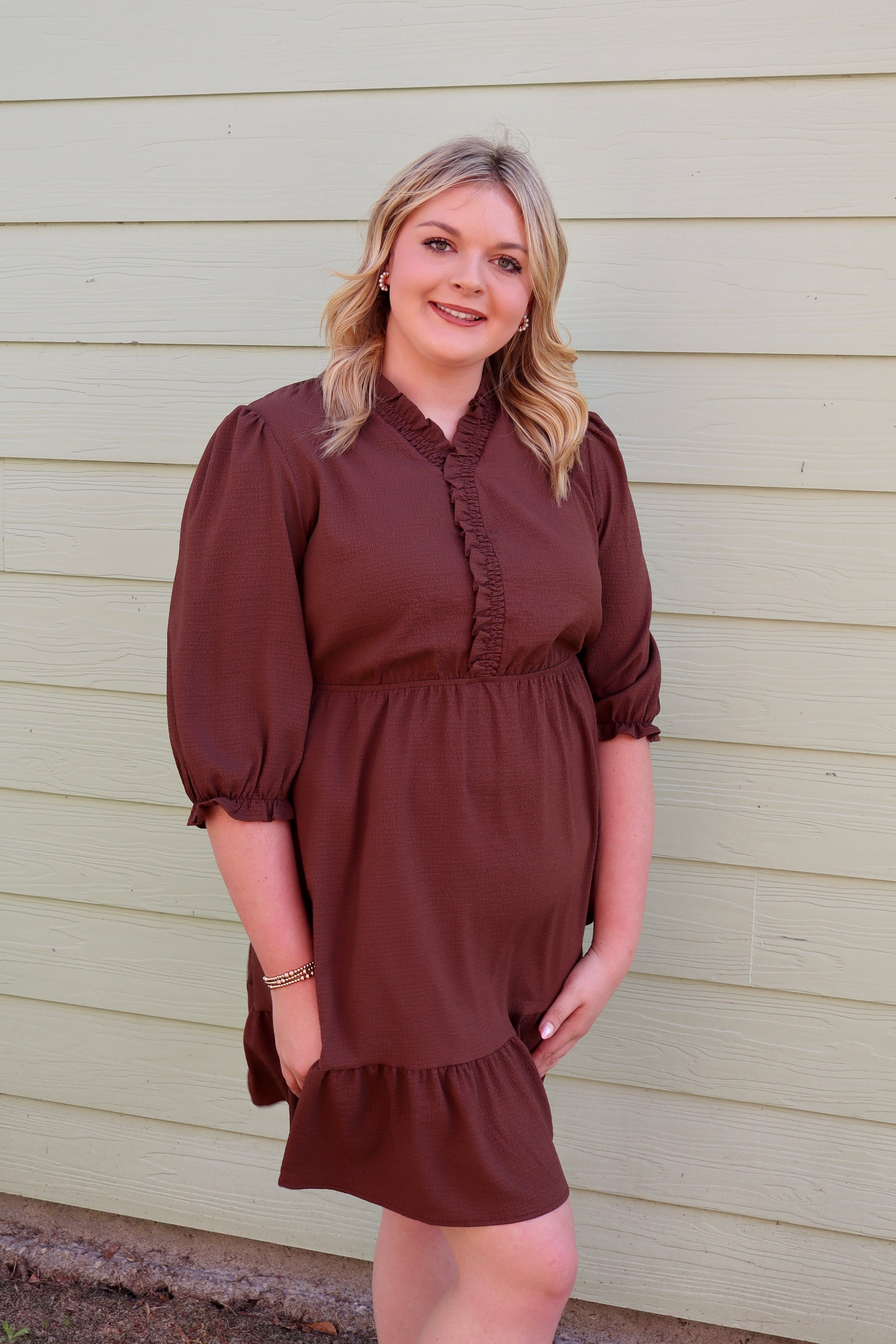 Plus size brown textured dress with puff sleeves, v-neck, and frilled trim from Modern Grace, perfect for daytime wear