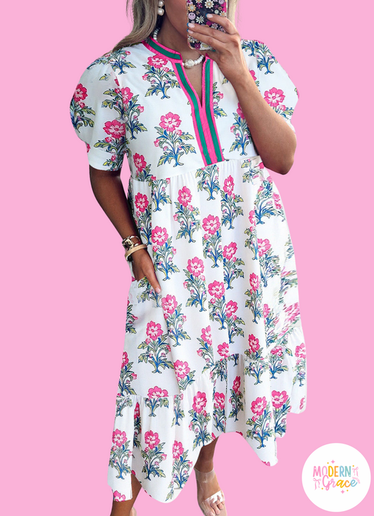 White Allover Print Contrast Split Neckline Short Puff Sleeve Curvy Dress (Warehouse Exclusive)