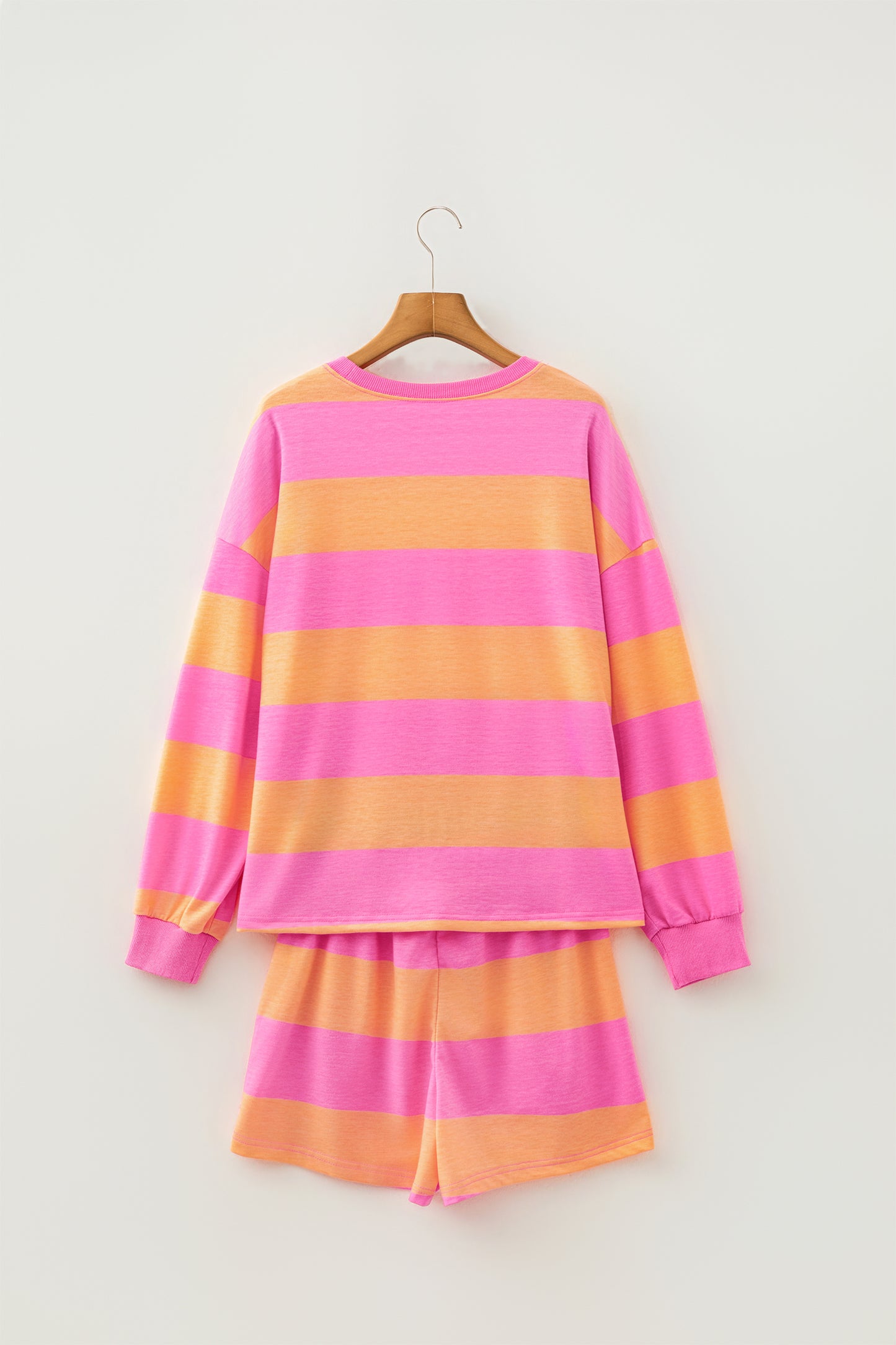 Pink Stripe Long Sleeve Casual 2 Piece Shorts Set