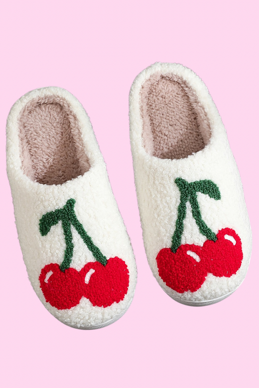 White Cherry Plush Slippers