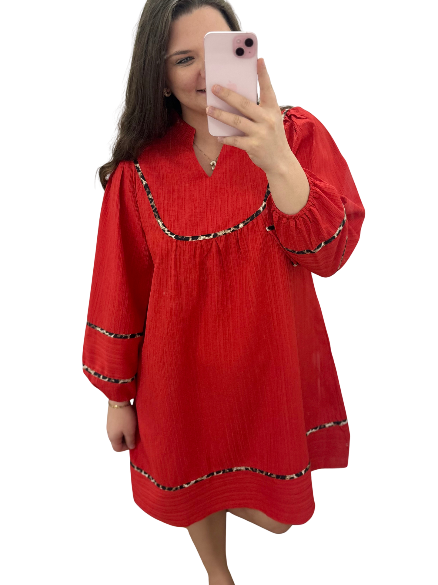 Red Textured V Neck Leopard Trim Long Sleeve Dress