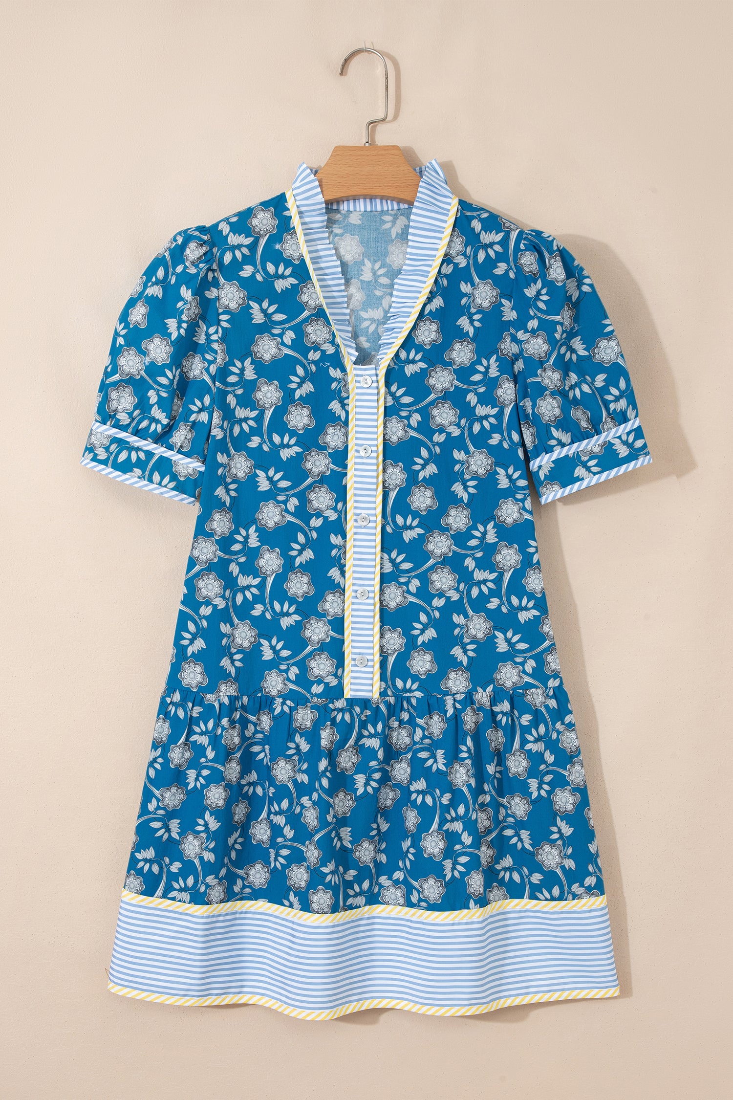 Blue floral dress by Modern Grace featuring blue stripes, trim details, half buttons, and short sleeves, perfect for casual wear.