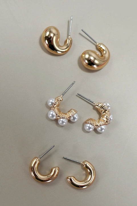Trio Huggie Pearl Gold Hoop Earrings