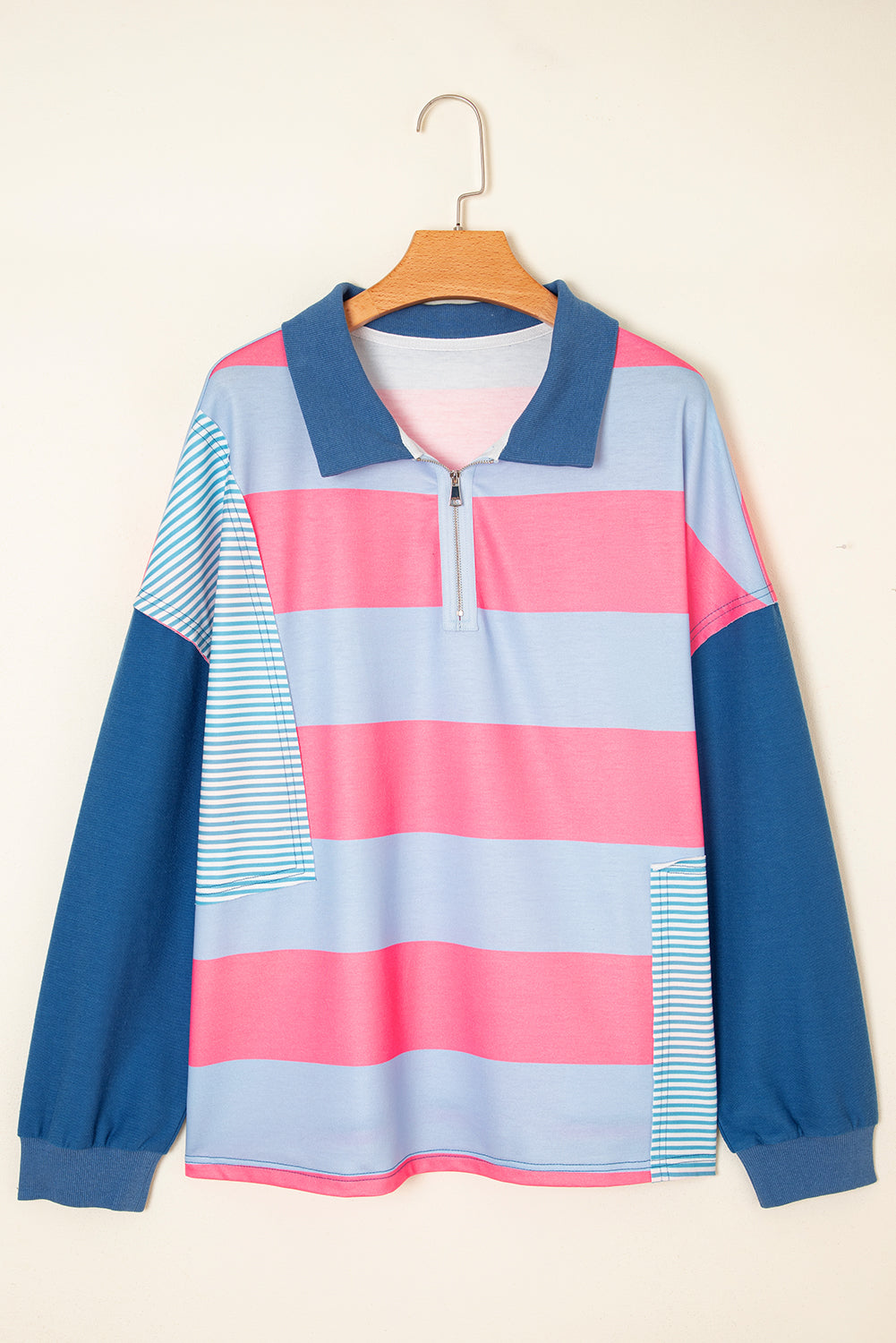 Blue Stripe Colorblock Patchwork Zip up Plus Size Pullover (Warehouse Exclusives - Online only)