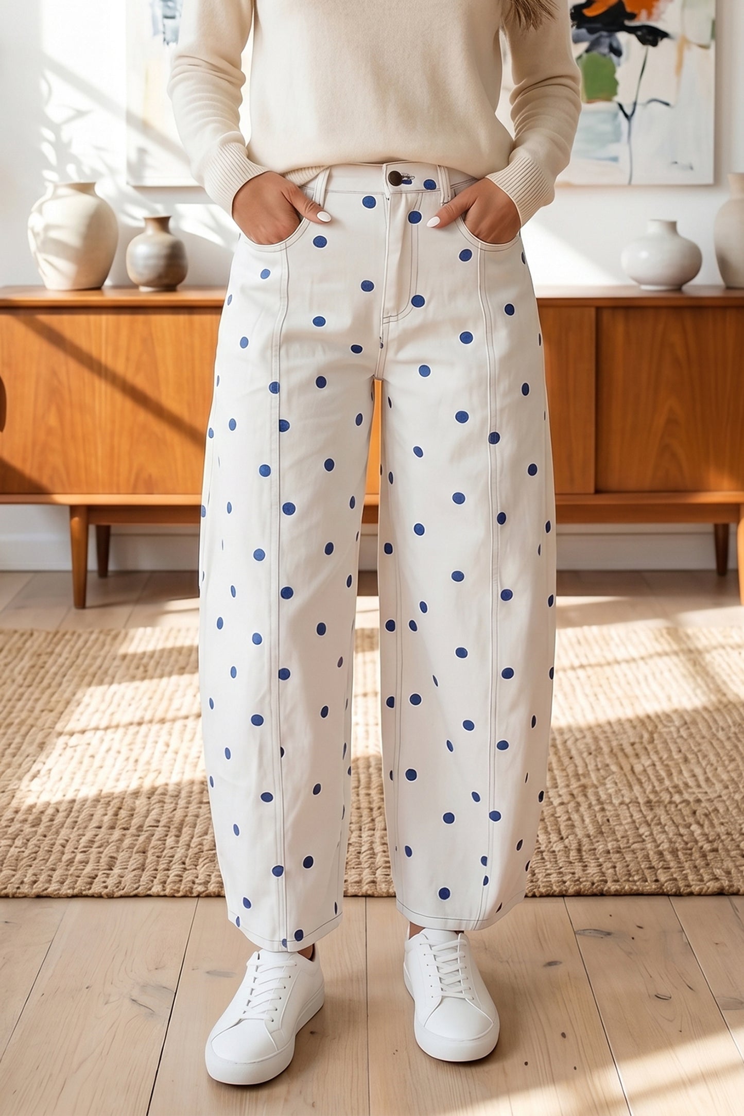 Tailored Seam Polka Dot Print Barrel Jeans