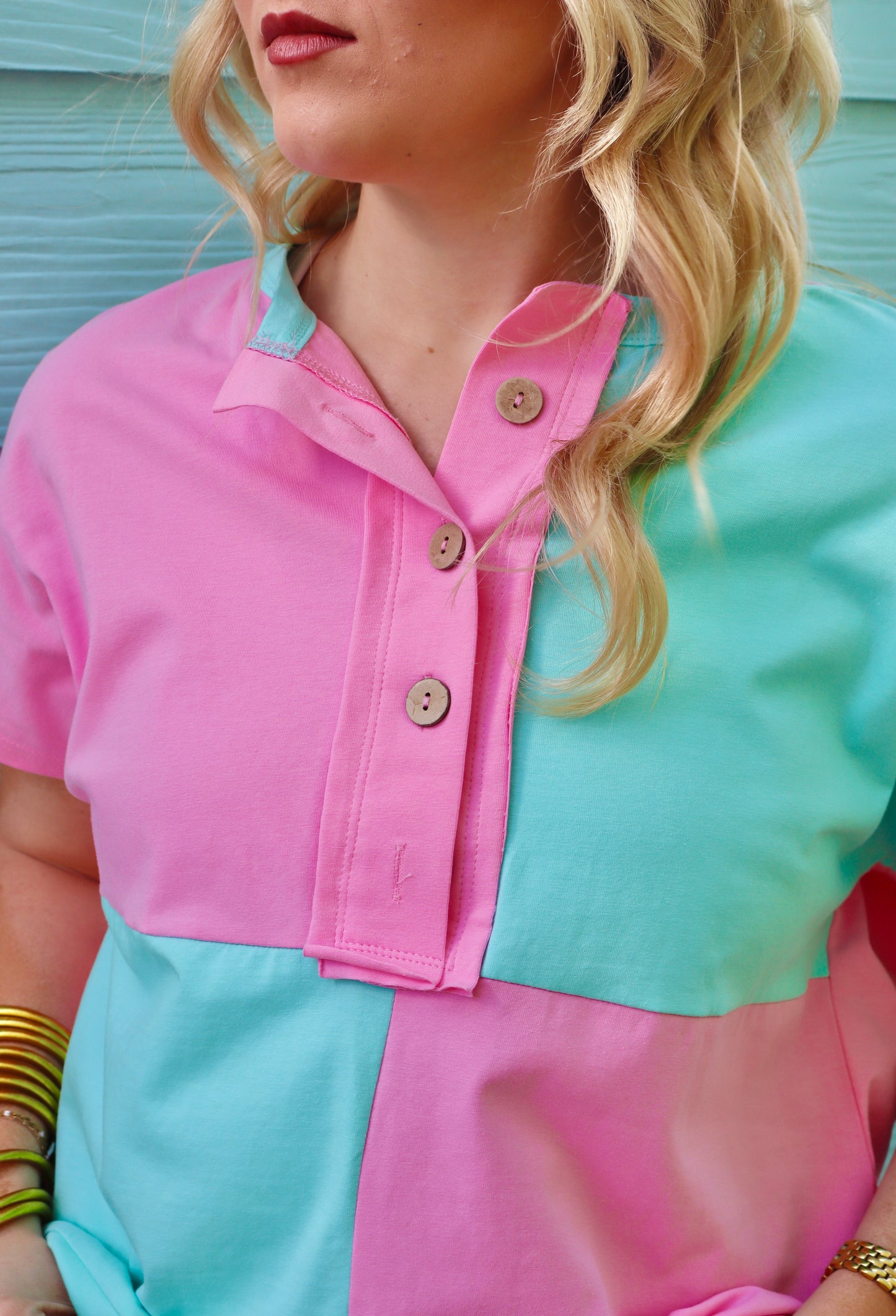 Mint Green Two Tone Half Buttons Collared T Shirt (Regular & Curvy)