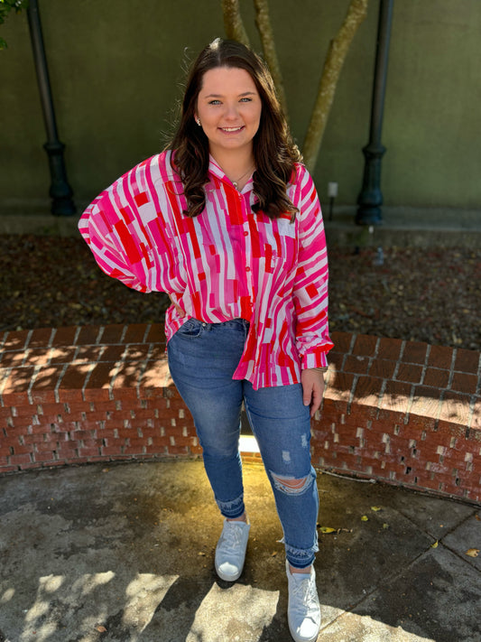 Pink Button Down Batwing Sleeve Top