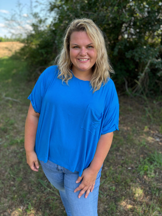 Curvy Ocean Blue Oversized Ribbed Round Neck Short Sleeve Tee