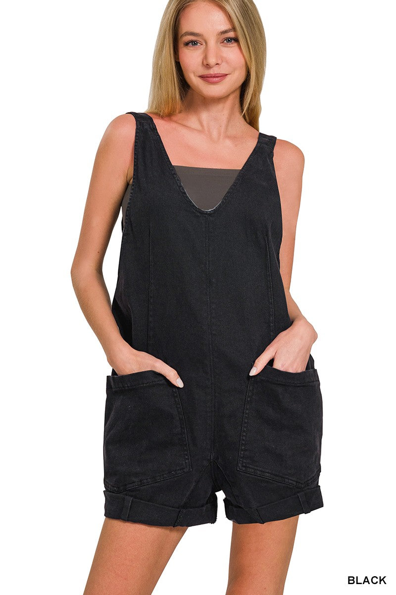 BLACK WASHED ADJUSTABLE STRAP ROMPER DENIM