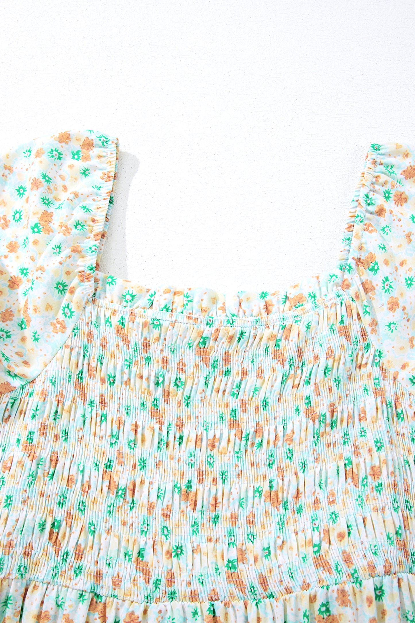 Floral Short Bubble Sleeve Shirred High Waist Maxi Dress