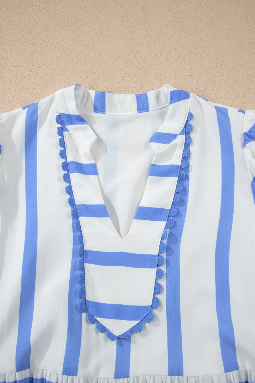 Sky Blue Stripe Ricrac Trim Notched Neck Half Sleeve Vacation Midi Dress