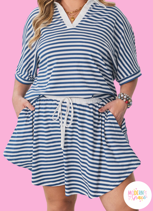 Blue Stripe Short Sleeve Collared V Neck Top Plus Size Short Set