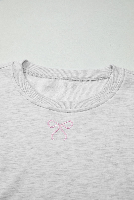 Light Grey Bow Embroidered Detail Puff Sleeve Pullover 2pcs Short Set (Warehouse Exclusives)