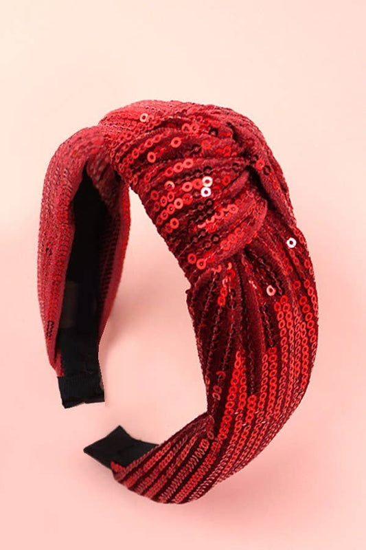 RED SEQUIN STRIPE EMBELLISHED KNOT HEADBAND