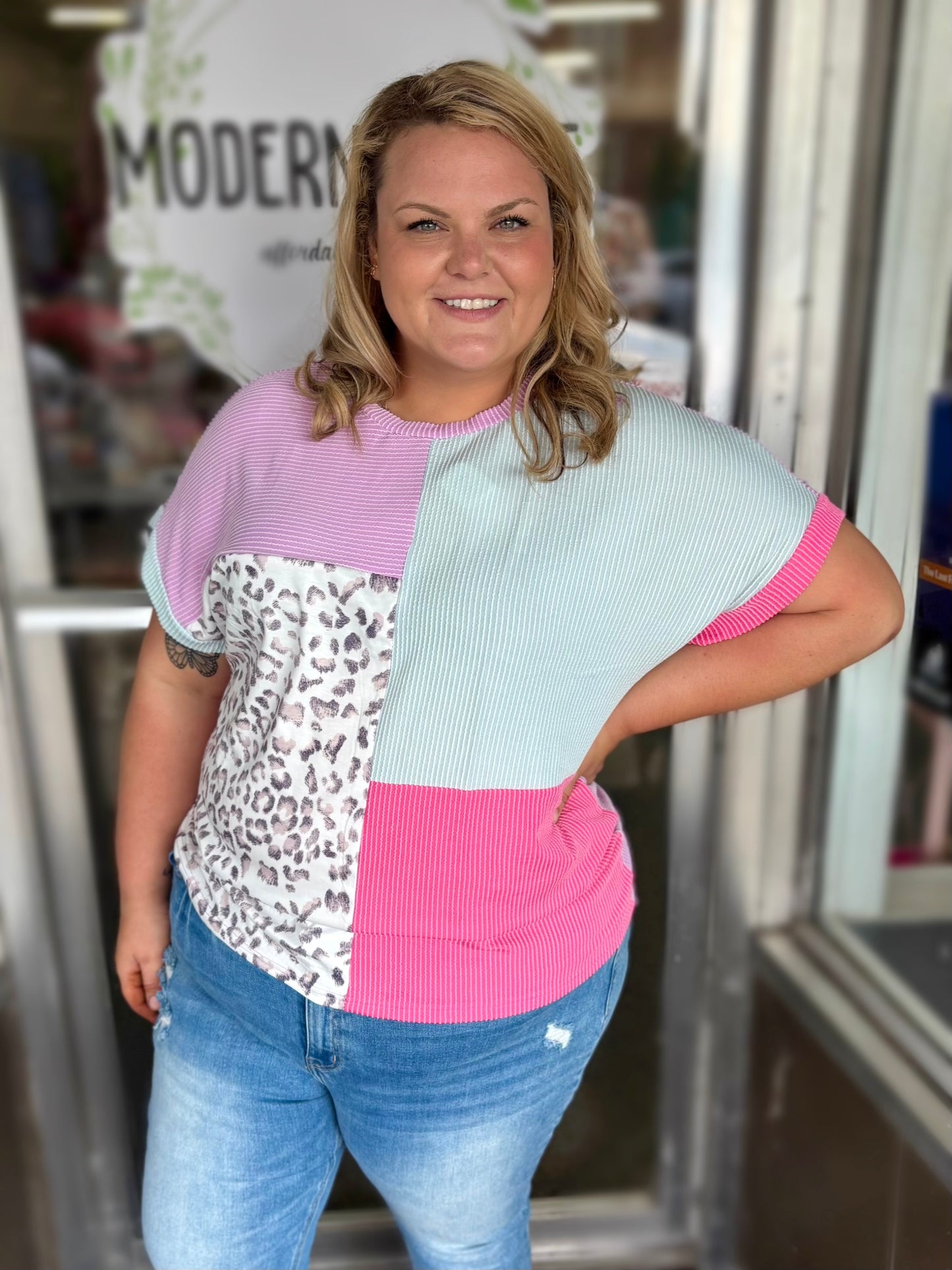 Curvy Leopard Colorblock Patchwork Corded Knit Plus Size T Shirt