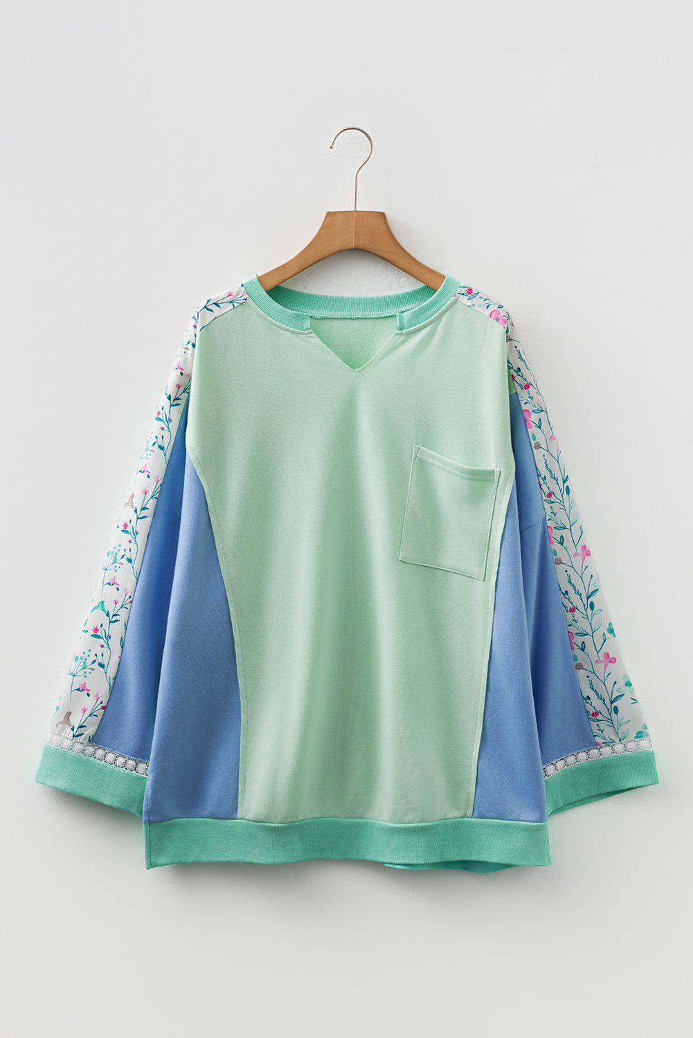 Green Color Block Floral Patchwork Long Sleeve Notched Neck Plus Size Top (Warehouse Exclusives)