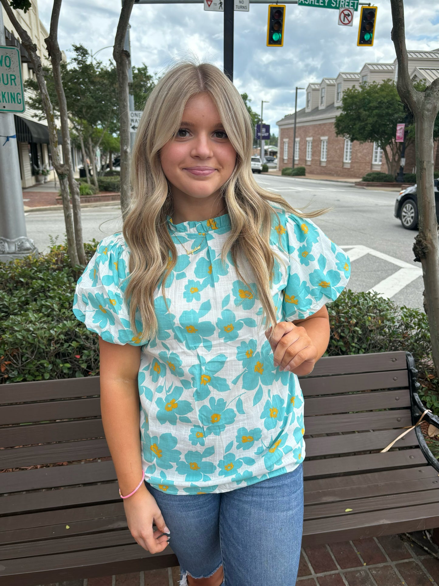 MINT FLORAL PUFF SLEEVE BLOUSE