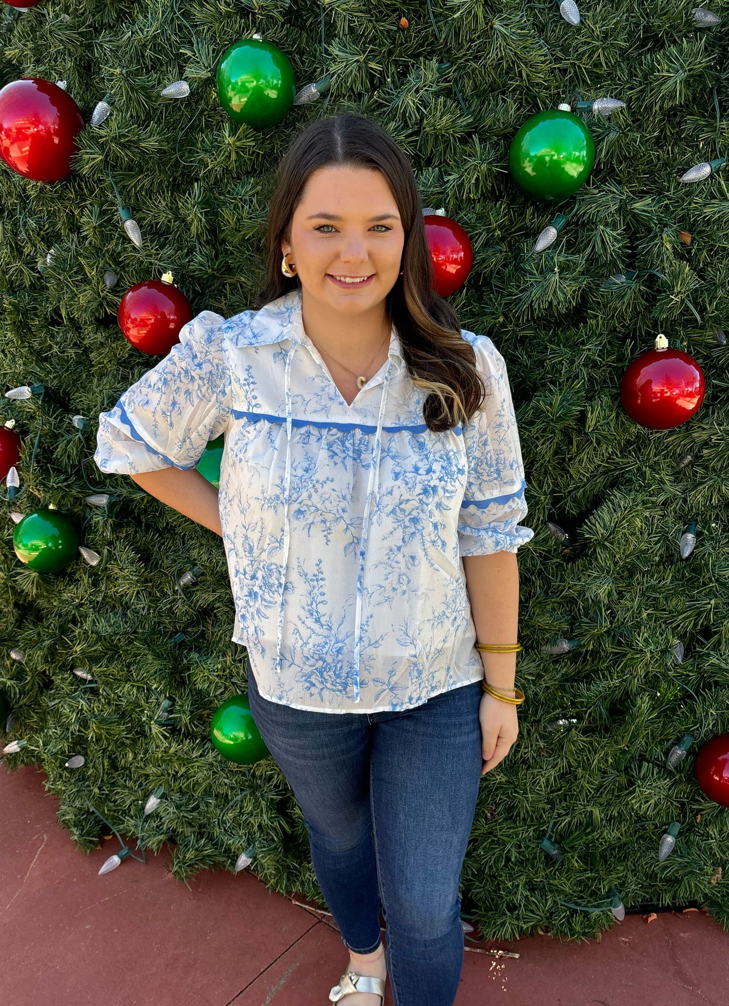 Blue Floral Collared Blouse