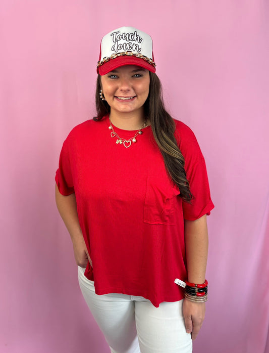 Curvy Red Ribbed Round Neck Pocket Top