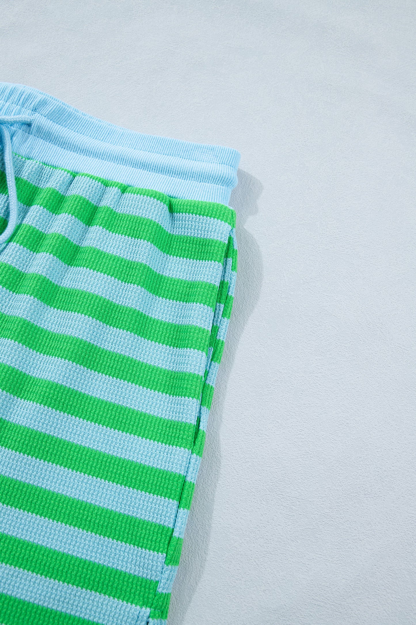 Green stripe puff short sleeve T-shirt and matching shorts set by Modern Grace, casual two-piece summer outfit.