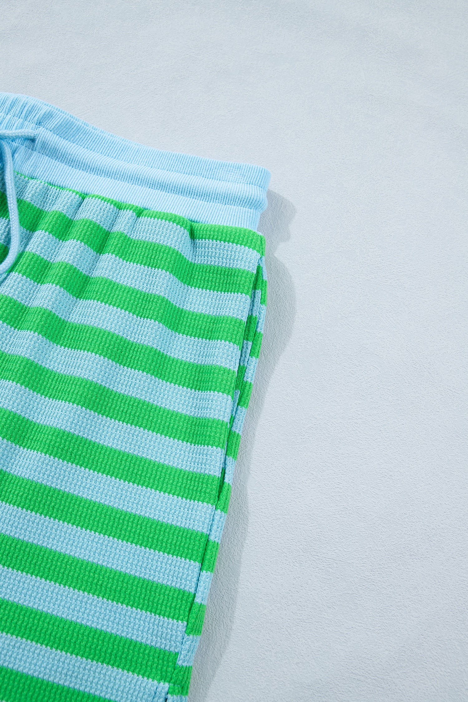 Green stripe puff short sleeve T-shirt and matching shorts set by Modern Grace, casual two-piece summer outfit.