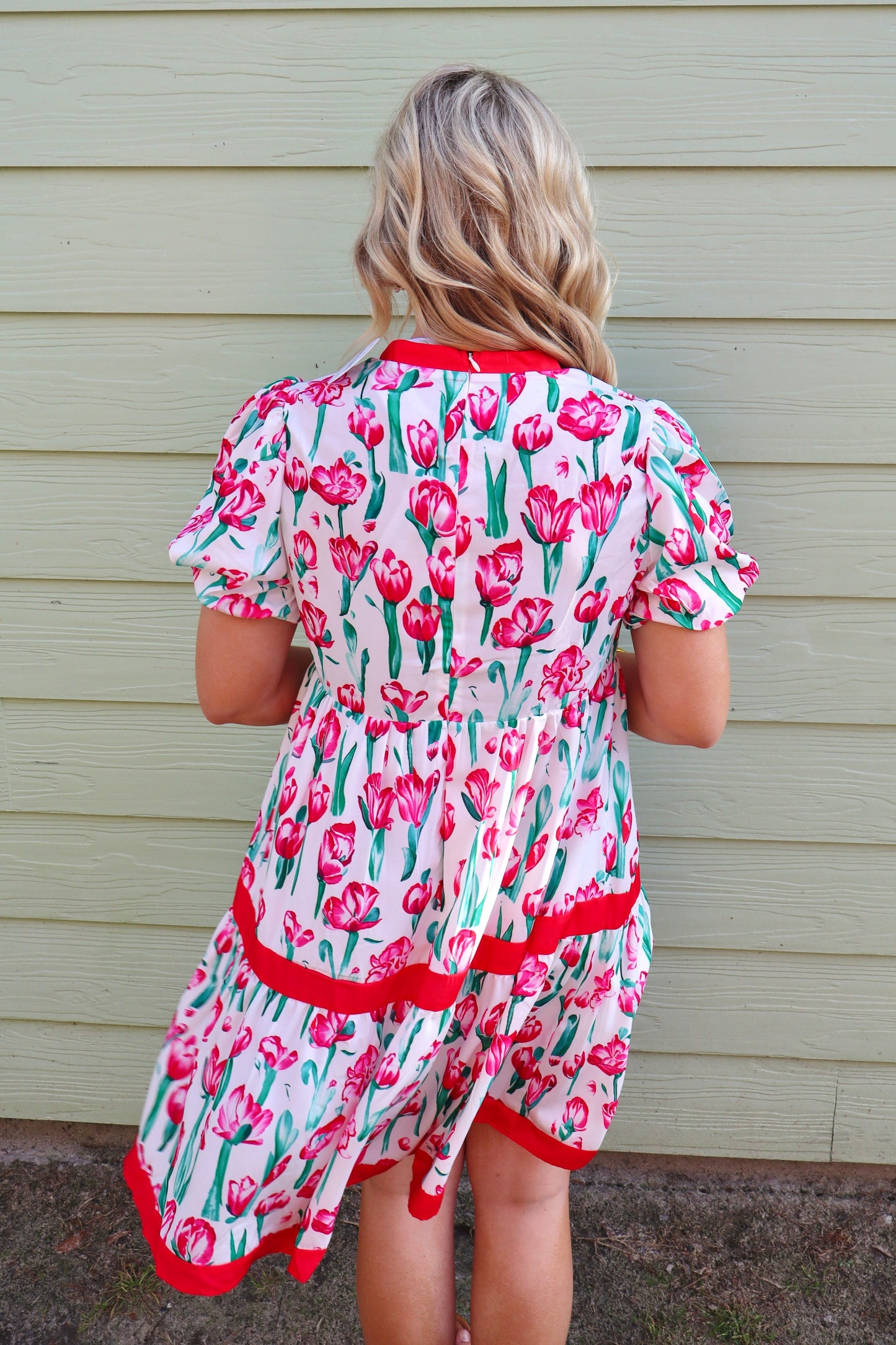Pink Floral Print Contrast Trim V Neck Bubble Short Sleeve Babydoll Dress