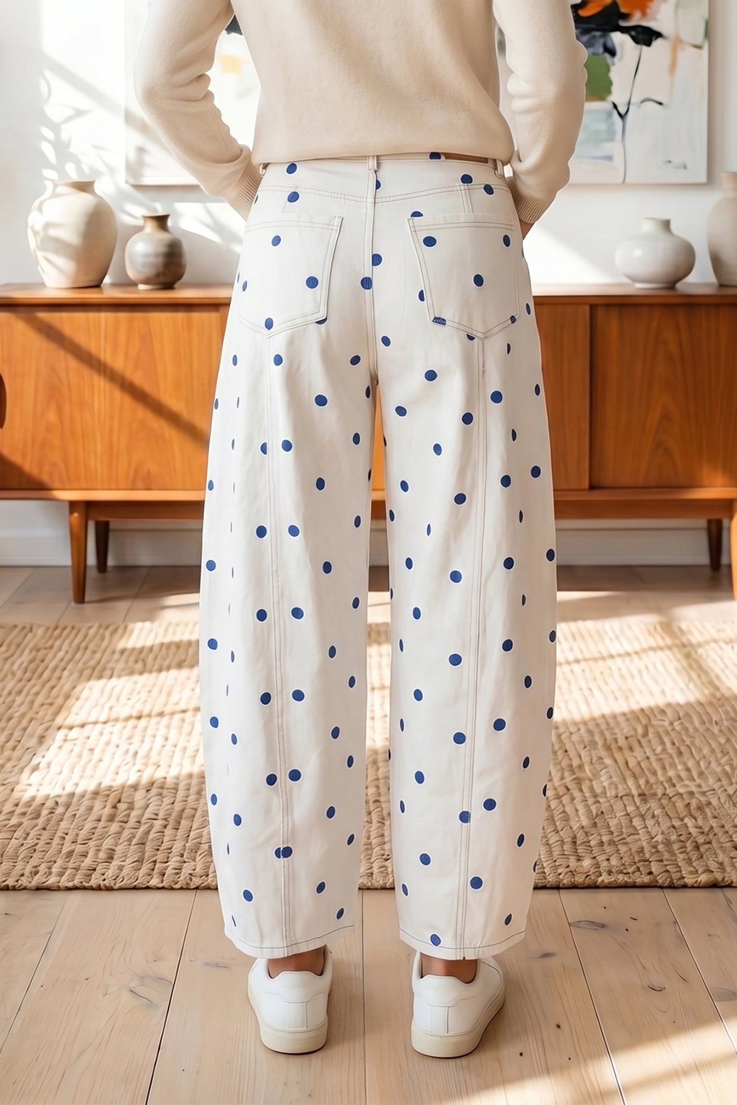 Tailored Seam Polka Dot Print Barrel Jeans