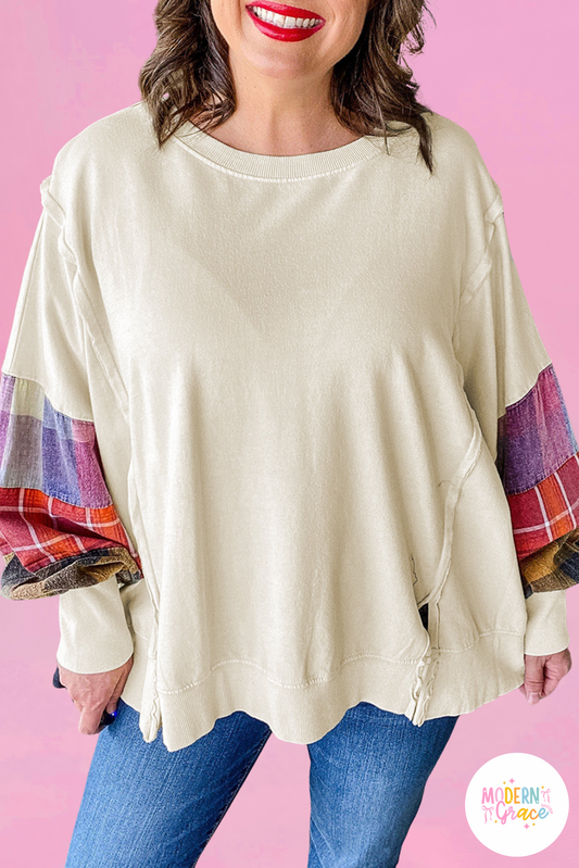 Plus Size Beige Multicolor Plaid Patchwork Sleeve Pullover Top (Warehouse Exclusives - Online only!)
