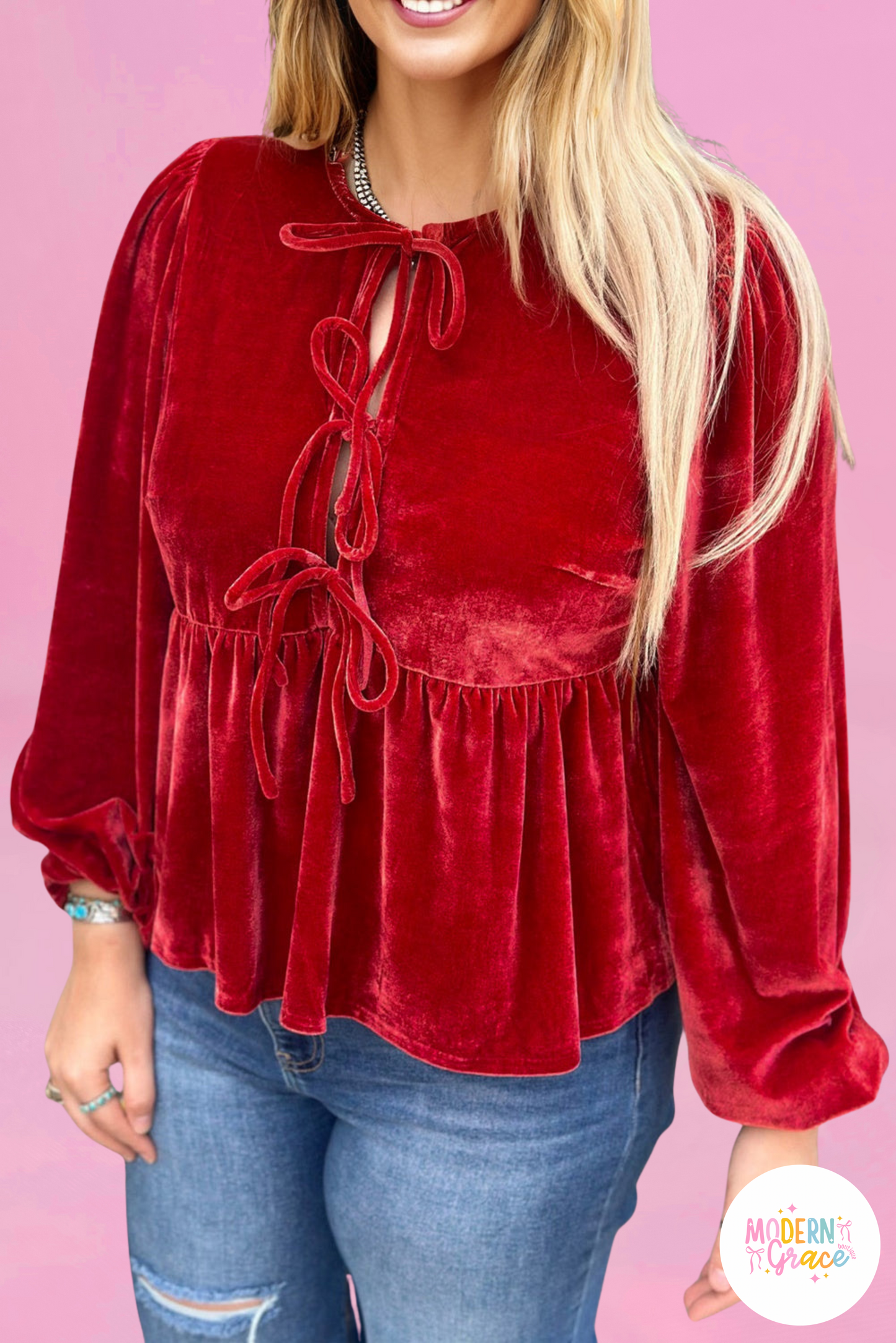 CURVY Red Clay Plus Size Tie Front Velvet Peplum Blouse (Warehouse Exclusives - Online only!)