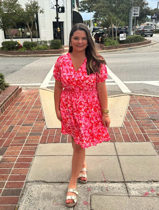 Pink Floral V Neck Ruffle Tiered Dress