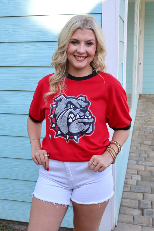 Red and black Georgia Bulldog T-shirt from Modern Grace featuring short sleeves and team logo design.
