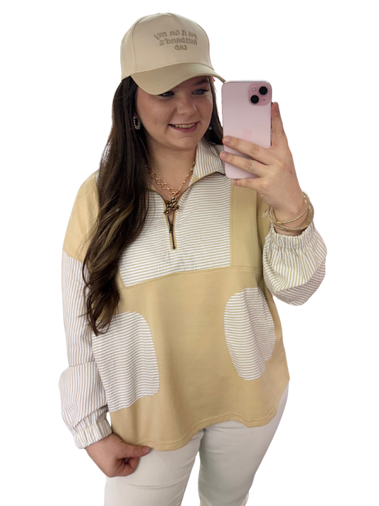 Khaki Quarter Zip Striped Patchwork Long Sleeve Top